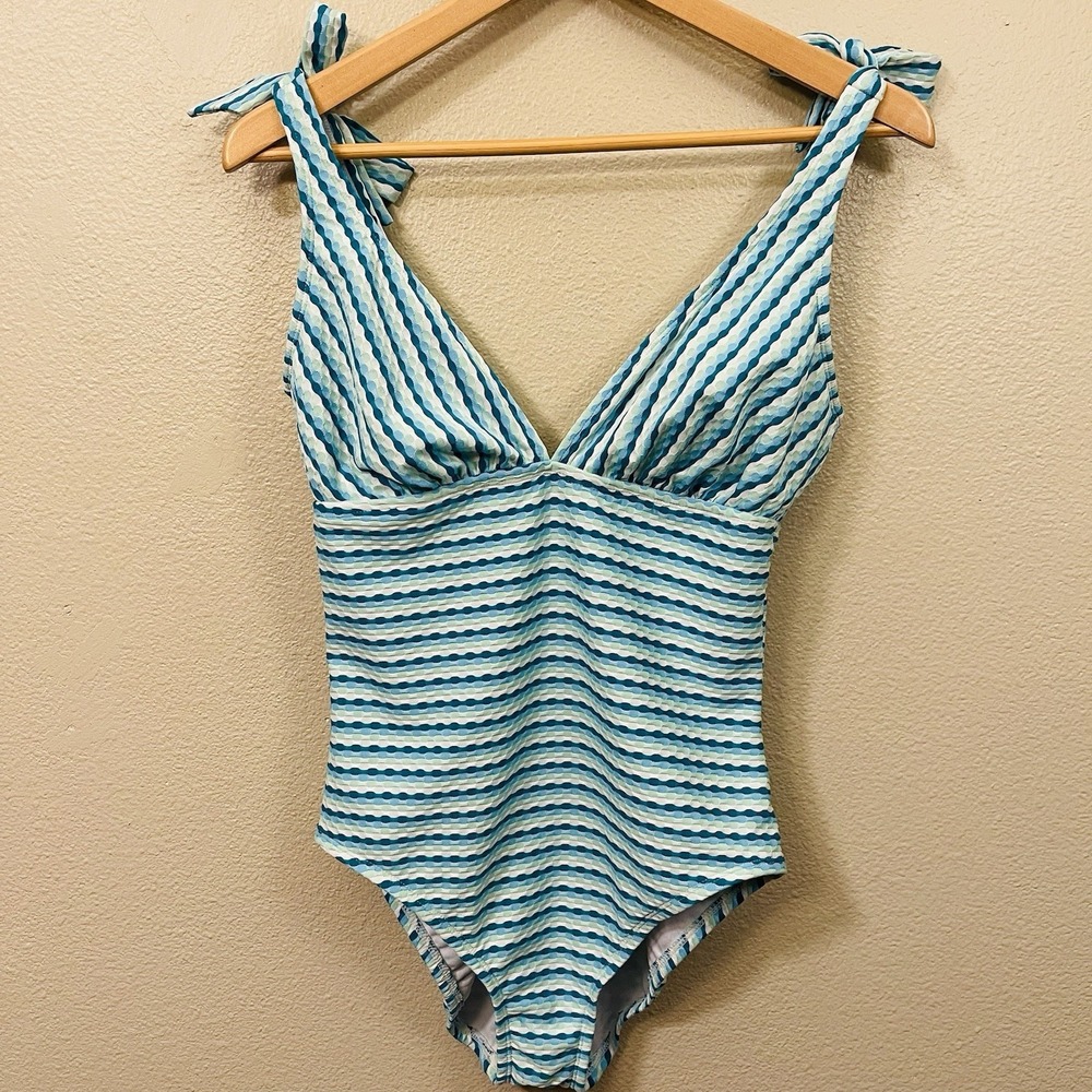Time & Tru Striped One Piece Swim Suit  Lined Shoulder Ties Green Blue Size M